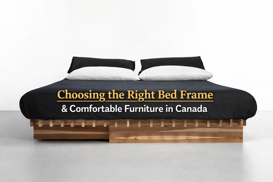 Modern bed frame with mattress and pillows, featuring text “Choosing the Right Bed Frame & Comfortable Furniture in Canada