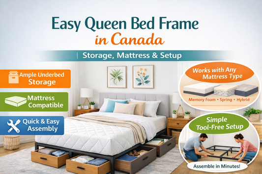 "Easy Queen Bed Frame in Canada with ample underbed storage, compatible with memory foam, spring, and hybrid mattresses. Features quick, tool-free assembly and modern bedroom styling for organized living.